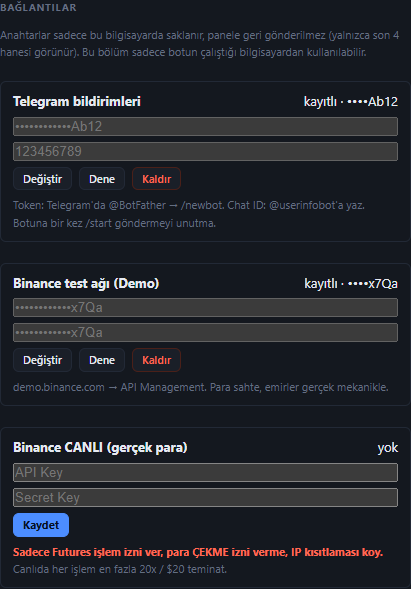Bağlantılar ekranı: Telegram bildirimleri, Binance test ağı ve canlı anahtar kartları, değerler maskeli