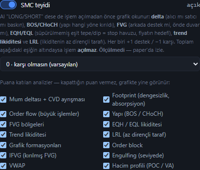 SMC teyidi ayarları: SMC eşiği ve delta, footprint, FVG, order block gibi analiz kutuları