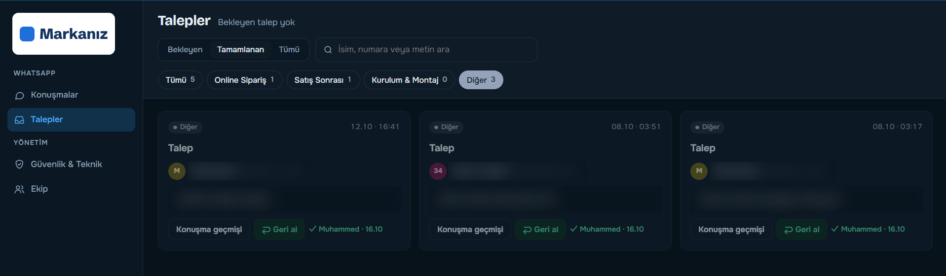 Destek masası, Talepler sekmesi (müşteri bilgileri bulanık)