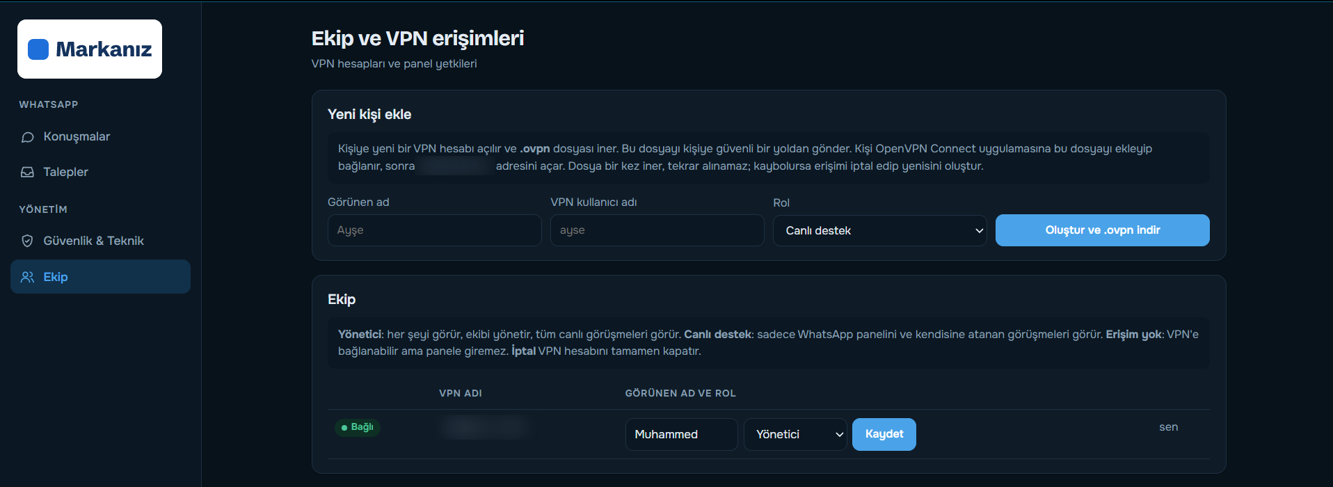 Ekip ve VPN erişimleri sayfası: kişi ekleme, .ovpn dosyası indirme ve rol atama