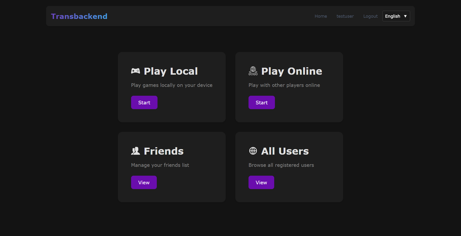 ft_transcendence ana sayfası: Play Local, Play Online, Friends ve All Users kartları