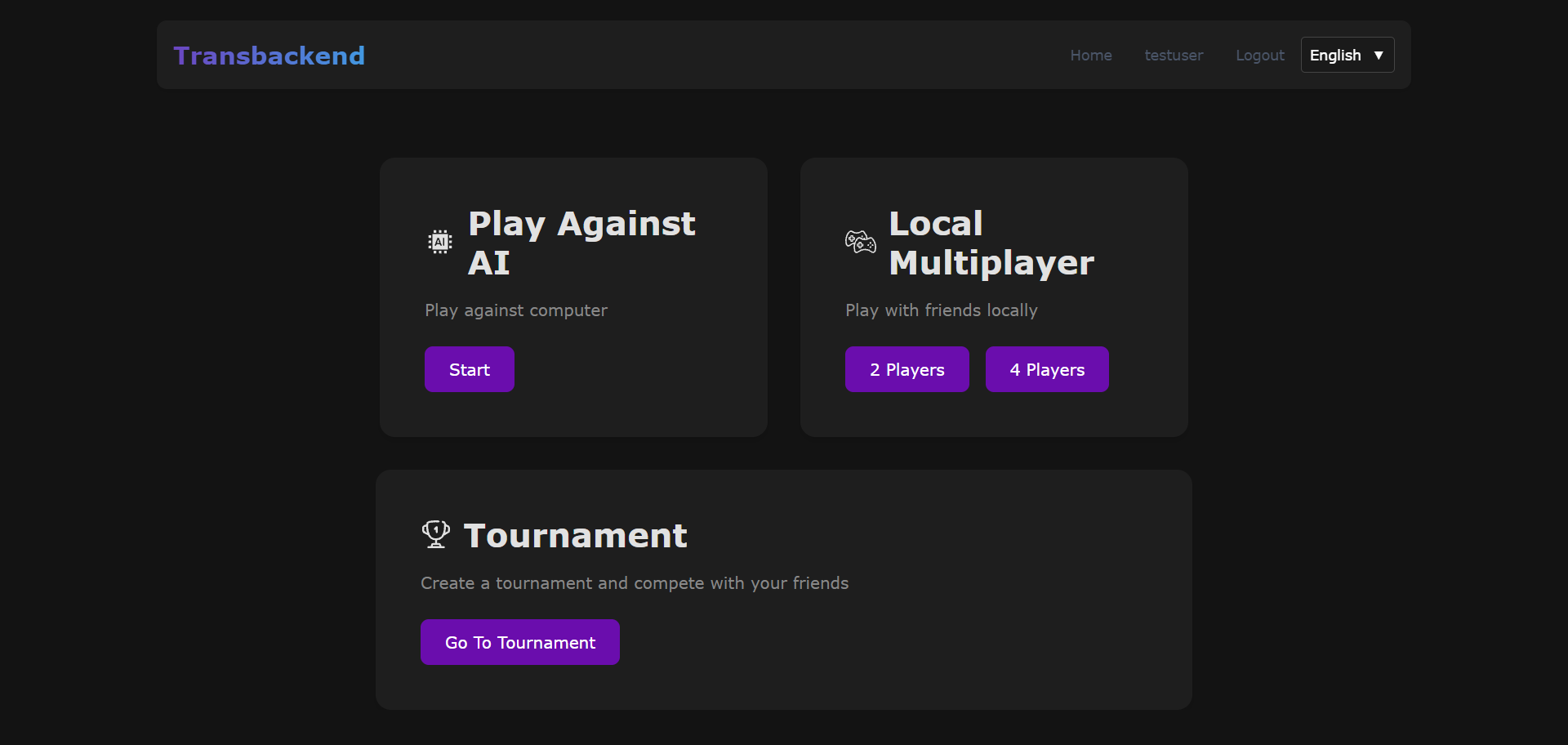 Oyun modları ekranı: Play Against AI, Local Multiplayer (2 ve 4 oyuncu) ve Tournament