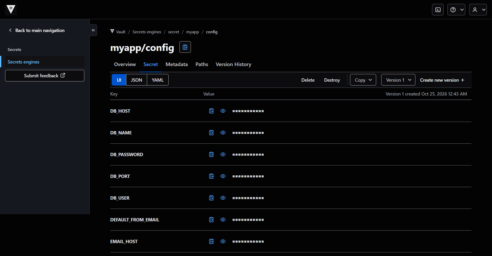 Vault arayüzünde myapp/config sırrı: DB, e-posta ve SECRET_KEY anahtarları, değerler gizli